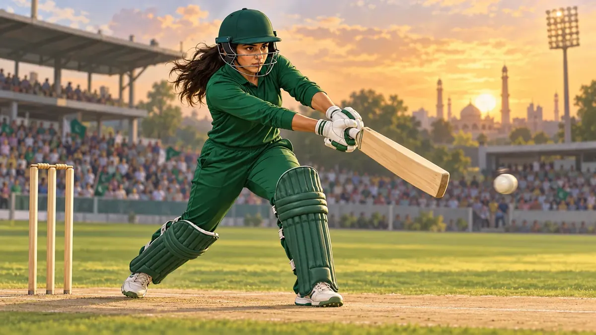 AI illustration of a woman cricketer in green playing a batting shot